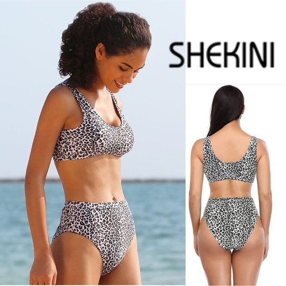 SHEKINI Leopard Print Low Scoop Crop Top High Waisted Bikini 🐆🐆 NEW WITH… - Picture 1 of 12
